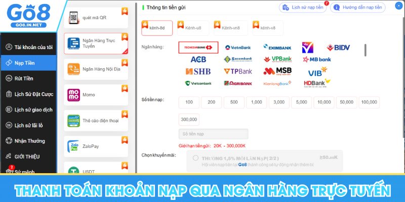 Thanh toán khoản nạp Go8 qua ngân hàng trực tuyến đơn giản