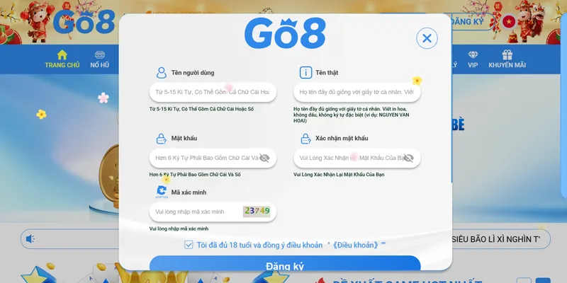 Điền thông tin đăng ký Go8