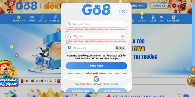 Vào trang chủ Go8 và đăng nhập