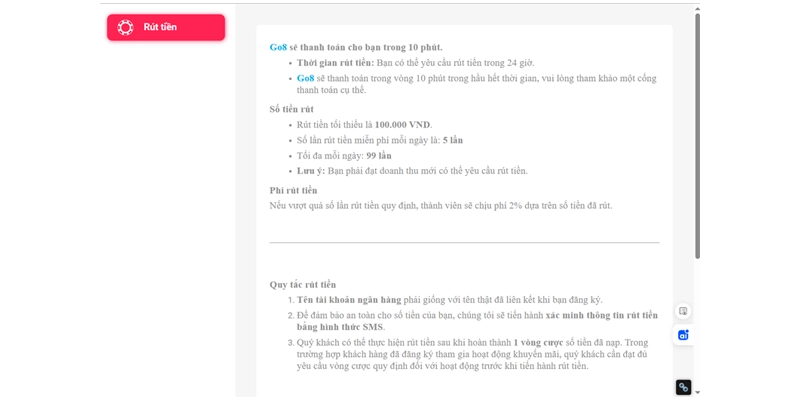 Go8 quy định rõ về chi phí giao dịch